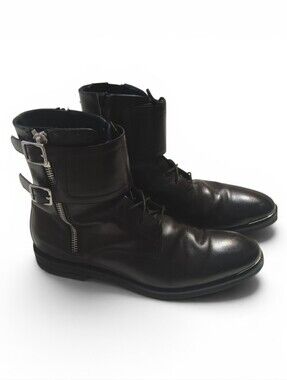 Alexander McQueen Black Leather Lace-Up Ankle Boots with Buckle Straps